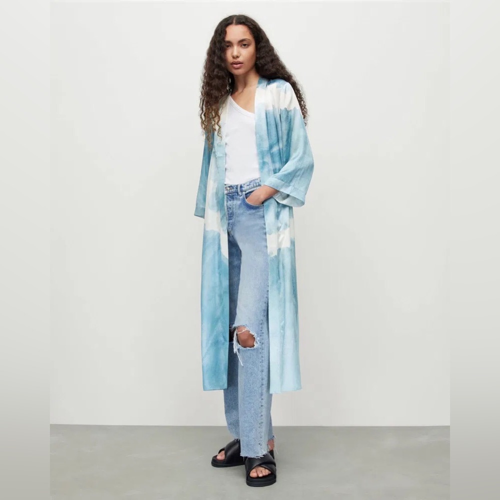 ALLSAINTS Carine Mariana Silk Blend Kimono, Blue Tie Dye